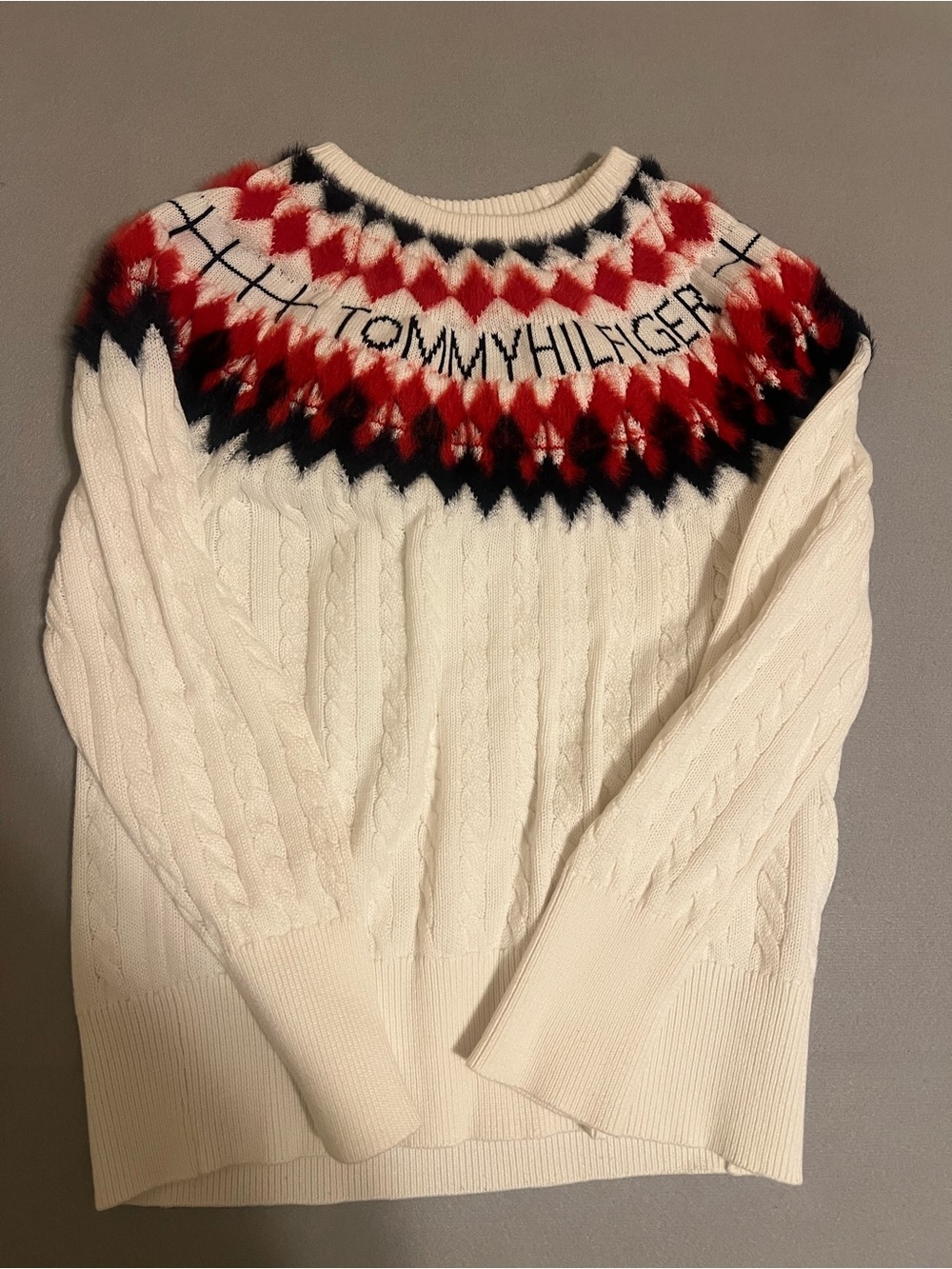 Tommy Hilfiger White Cable-Knit Fair Isle Yoke Sweater
